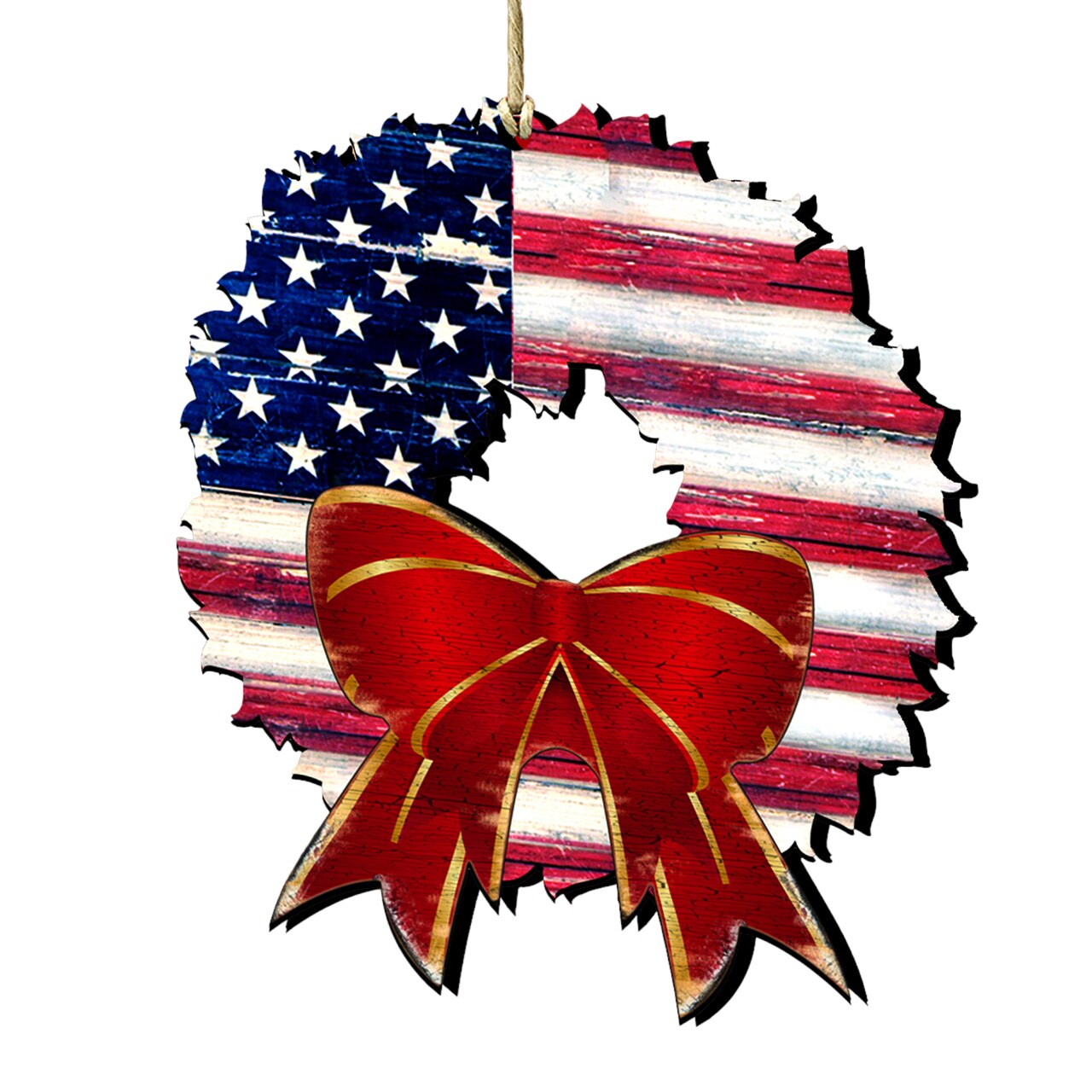 Designocracy Set of 2 American Flag Wreath Ribbon Wooden Christmas Ornaments 5.5"
